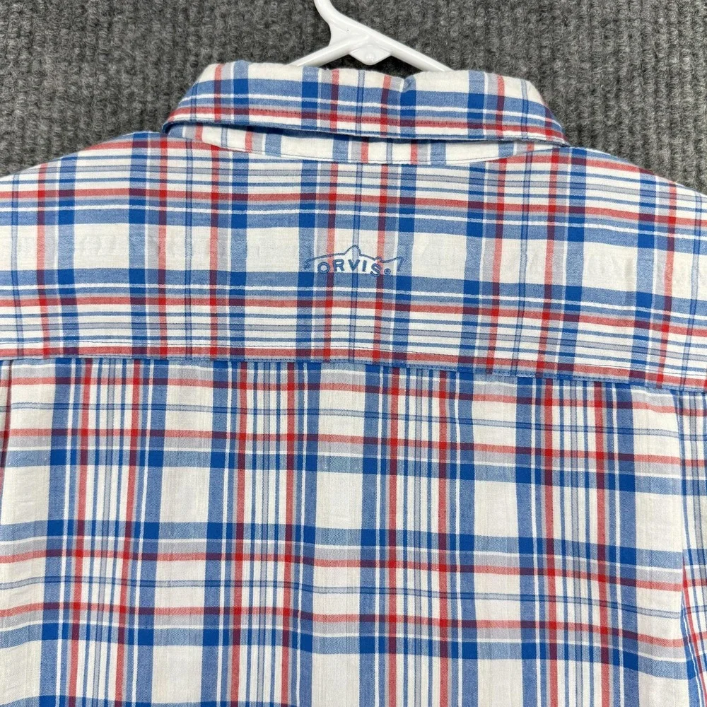 Orvis Shirt Mens Large Blue Red Plaid Short Sleeve Button Up Pocket Outdoor